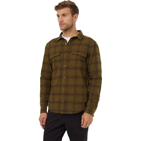 Tentree Men&#39;s Button Ups - Kapok Colville Shirt - Uniform Green/Dark Oak/Olive Oil