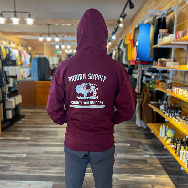 Prairie Supply Company Unisex Hoodies - Reverse Cultivated In Manitoba - Burgundy/White