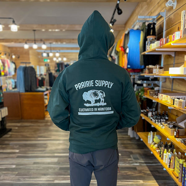 Prairie Supply Company Unisex Hoodies - Reverse Cultivated In Manitoba - Hunter Green/White