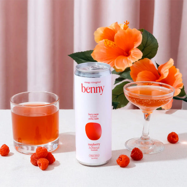Benny Energy Drinks - Raspberry Hibiscus + Lion&#39;s Mane Soft Energy Drink - 355ml