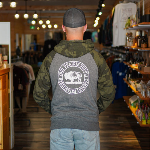 Prairie Supply Company Unisex Hoodies - Reverse Cultivated Circle - Nickel Heather/Forest Camo