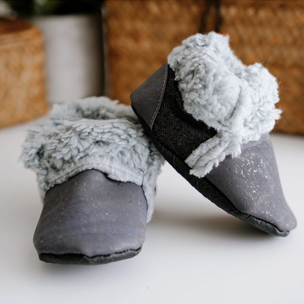 SoftSoul Youth Slippers - Eco Friendly Faux Fur Cork Booties - Charcoal
